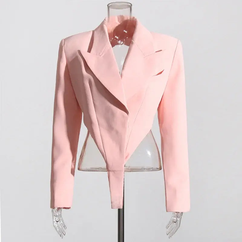 PREPOMP 2022 Autumn New Arrival Long Sleeve Turn Down Collar Hollow Out Backless Padded Shoulder Slim Pink Blazer Coat GH002