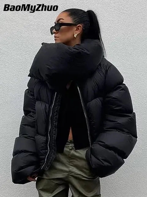 2023 New Women's Winter Scarf Collar Jacket Solid Thick Warm Loose Bubble Cotton Coats Female Black Puffer Parkas Casual Outwear