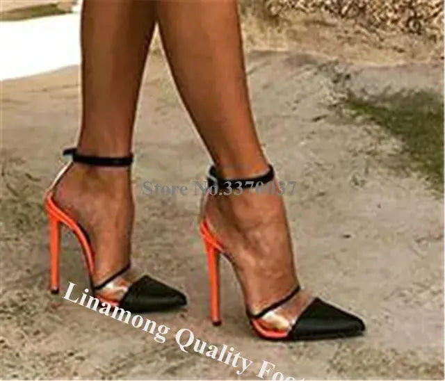 Linamong Newest Pointed Toe Patchwork PVC Stiletto Heel Pumps Mixed-colors Transparent Cut-out High Heels Sexy Dress Heels