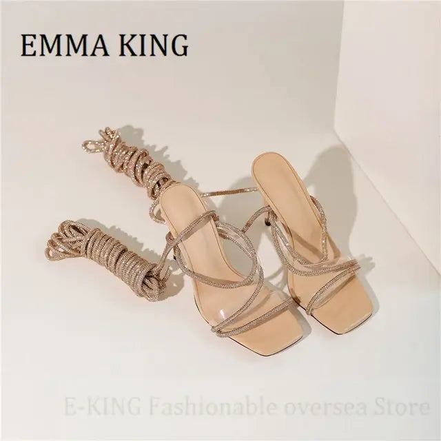 Women Crystal Embellished Lace Up Sandals Elegant Square Toe High Heels Sandals Adjustable Ankle Strap Sandals Party Dress Shoes