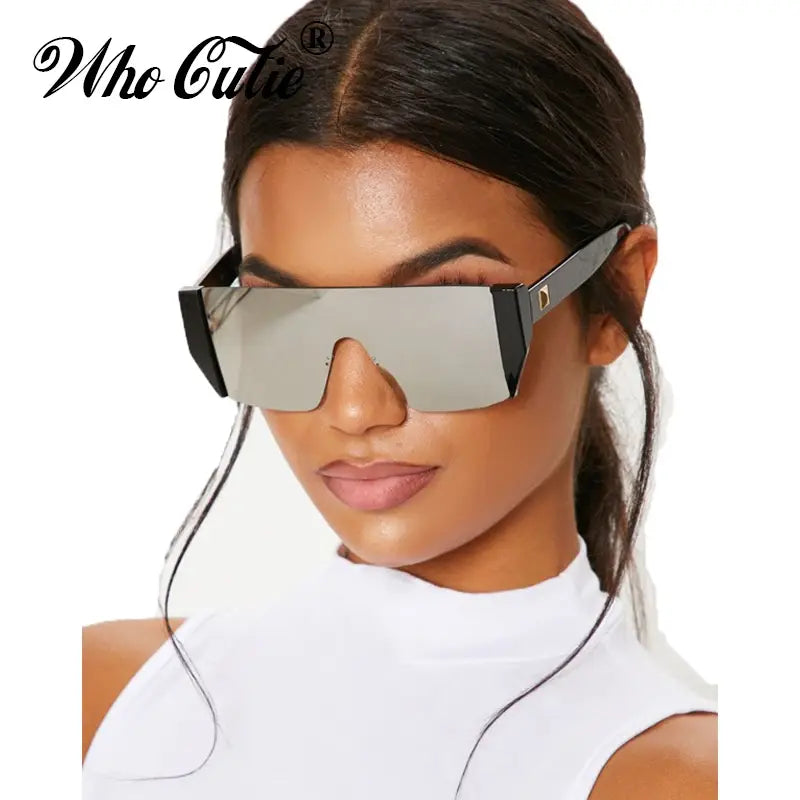 WHO CUTIE 2019 Futuristic One Piece Sunglasses Men Brand Designer Oversized Square Rimless Sun Glasses Black Shades Women OM504