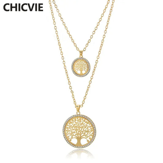 CHICVIE New Round Shape Tree Of Life Layered Necklace Pendants Gold Jewelry Chain Statement Stainless Steel Necklaces SNE180062