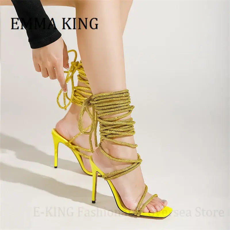 Women Crystal Embellished Lace Up Sandals Elegant Square Toe High Heels Sandals Adjustable Ankle Strap Sandals Party Dress Shoes