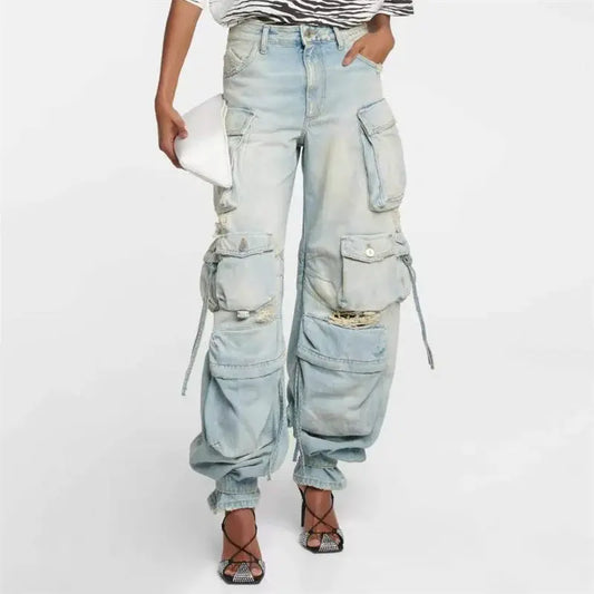 Spring 2024 New in Women's Jeans Washed Process  Fashion Worn-out Cargo Pants Big Name Cotton Straight Trousers y2k Clothes