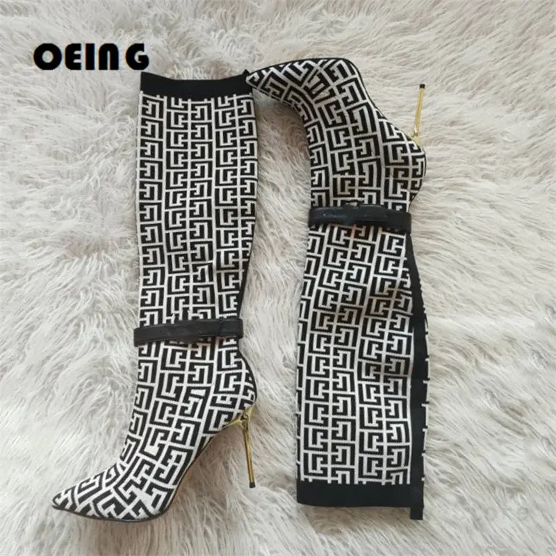 Women Stretch Sock Boots Fashion Monogram Knitting Boots Sexy Pointed Toe Golden Heels Thigh High Botas Fall Winter Shoes Woman