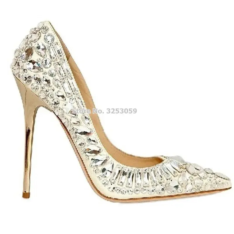 ALMUDENA Women Bling Bling String Beaded Wedding Shoes Silver Black Pointed Toe Banquet Party Shoes Glittering Dress Pumps