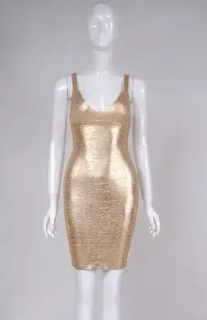 Women Summer Fashion Sexy V Neck Bronzing Silver Gold Dress 2024 Knitted Elastic Designer Evening Party Club Dress Female