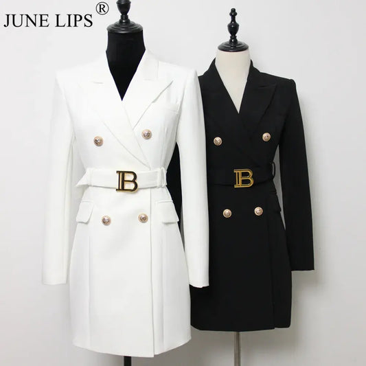 JUNE LIPS 2022 Top Quality Women Blue White Red Green Brown OL Office Blazer Dress with Belt Spring Design New Luxury Buttons