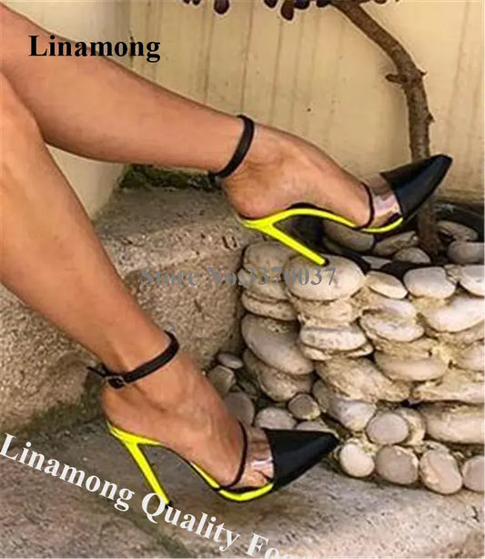 Linamong Newest Pointed Toe Patchwork PVC Stiletto Heel Pumps Mixed-colors Transparent Cut-out High Heels Sexy Dress Heels