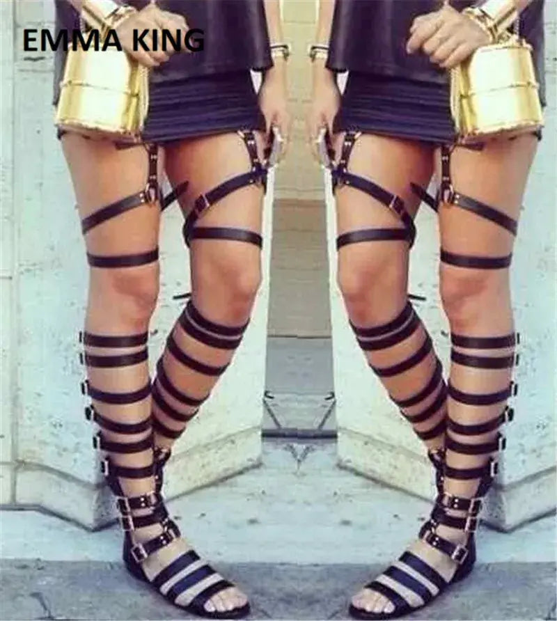 Summer Fashion Women Buckles Boots Over The Knee Boots Ladies Sexy Flat Boots Female Gladiator Boots Gold Leather Party Shoes