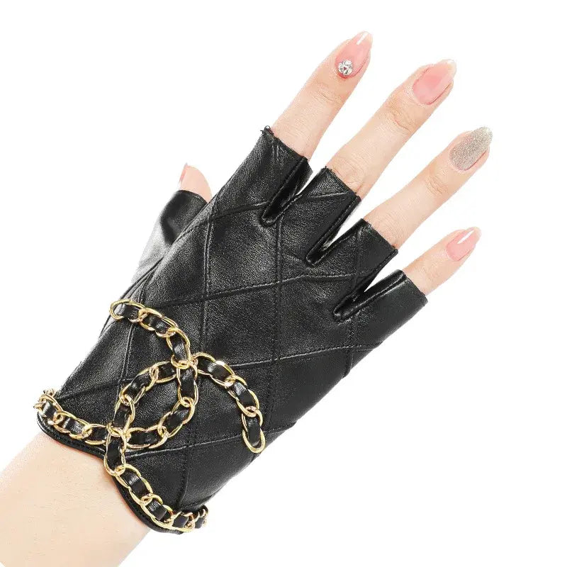 Womens Genuine Sheepskin Leather Fingerless Half-Finger Punk Driving Motorcycle Dress Gloves