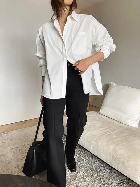 Jyate Fashion Woman Blouses 2024 Elegant Lapel Long Sleeve Office Lady Shirts Casual Loose White Pockets Tops Female Clothing