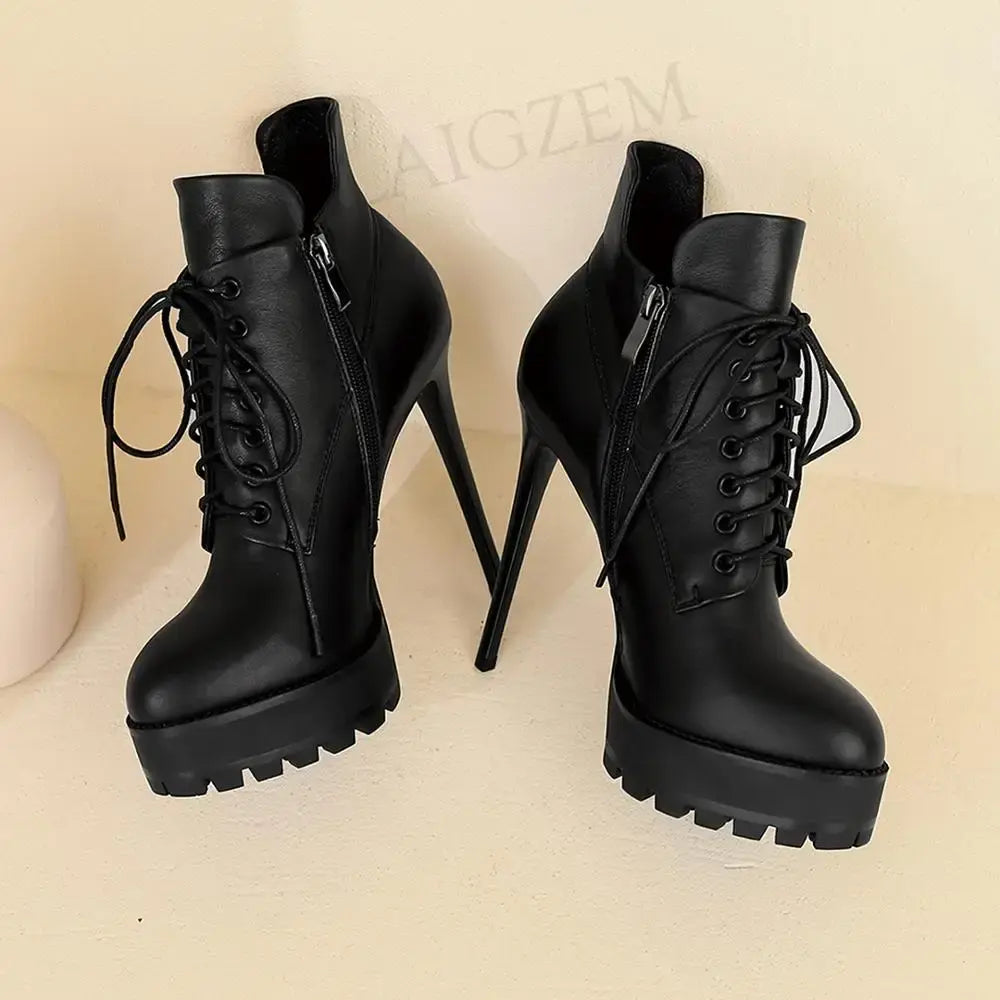 LAIGZEM Women Booties Genuine Leather Stiletto High Heels Side Zip Boots Donne Stivali Ladies Shoes Woman Large Size 38 39 42