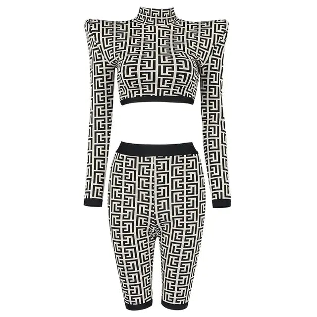 STOCK New Autumn White &Black Print Zipper Shoulder Pad Short Top And Tight Shorts 2 Pieces Fashion Woman Set Causal StreetWearr