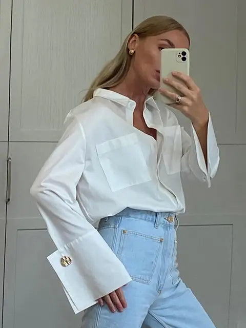 Jyate Fashion Woman Blouses 2024 Elegant Lapel Long Sleeve Office Lady Shirts Casual Loose White Pockets Tops Female Clothing