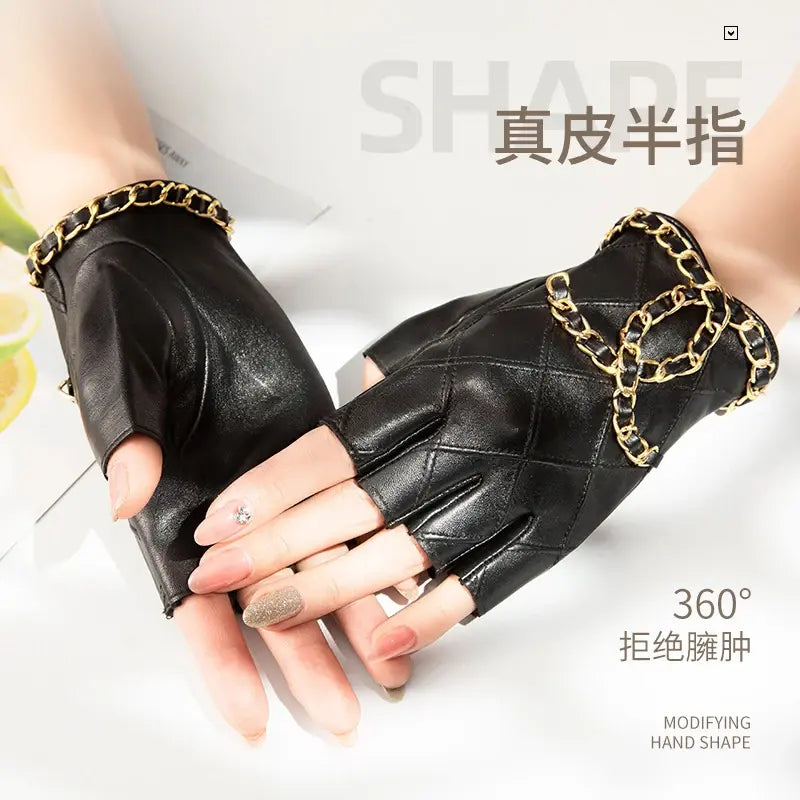 Womens Genuine Sheepskin Leather Fingerless Half-Finger Punk Driving Motorcycle Dress Gloves