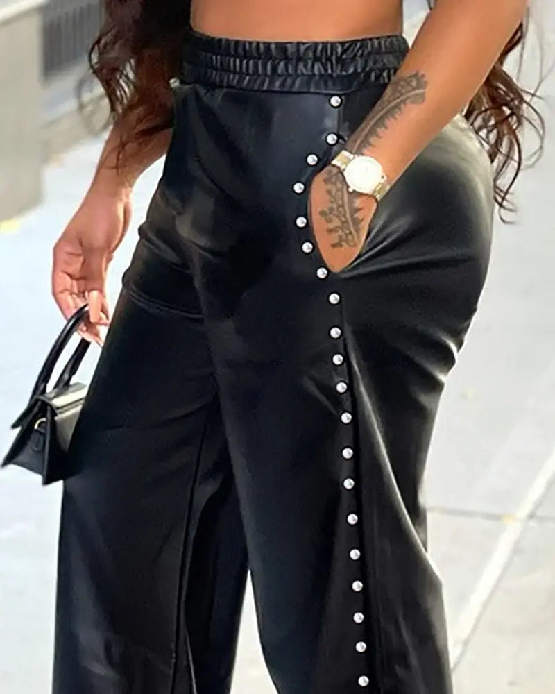 CHIQUEDOLL Decor Pocket Design PU Leather Wide Leg Pants 2023 New Sexy Femme High Waist Buttoned Trousers Lady Outfits y2k