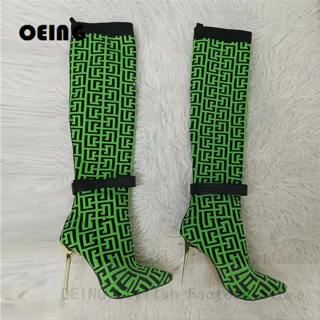 Women Stretch Sock Boots Fashion Monogram Knitting Boots Sexy Pointed Toe Golden Heels Thigh High Botas Fall Winter Shoes Woman