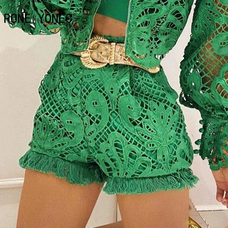 Women Solid Hollow-out Puff Sleeve Sexy Short Sets