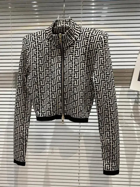 HIGH STREET Newest 2024 Designer Jacket Women's Geometric Jacquard Zip Knitted Jacket