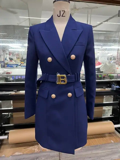 JUNE LIPS 2022 Top Quality Women Blue White Red Green Brown OL Office Blazer Dress with Belt Spring Design New Luxury Buttons