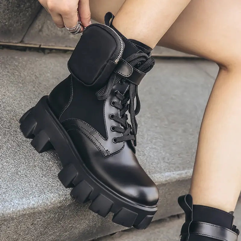 Black Punk Ankle Thick-soled Motorcycle Ankle Boots Women's Lace-up Spring Thick Heel Belt Buckle Pocket Designer Chunky Shoes