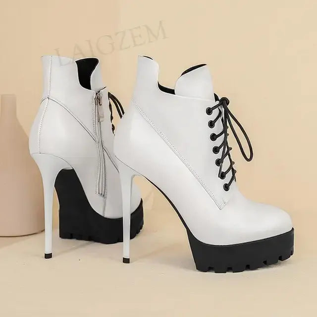 LAIGZEM Women Booties Genuine Leather Stiletto High Heels Side Zip Boots Donne Stivali Ladies Shoes Woman Large Size 38 39 42