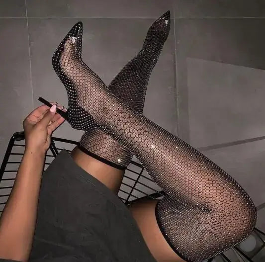 Hot Woman Black Bling Bling PVC Clear Sequins Diamond Fishnet Cuts Out Pointed Toe Heel-Strap Over The Knee Thigh Socks Boots