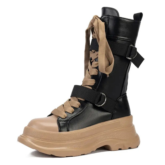 Stylis 2024 Cross Straps Female Platform Boots Autumn Winter Thick-soled Mid-tube Plus Velvet Ankle Boots Women