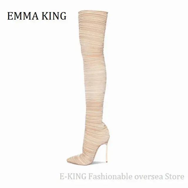 2020 Comfortable Stretch Fabric Sock Boots 12cm Metal Heels Over the Knee Thigh High Boots Sexy Point toe Stilettos Long Botas