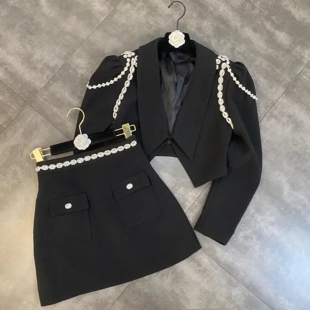 PREPOMP 2022 Fall Winter Long Sleeve Diamonds Chain Padded Shoulder Slim Blazer High Waist Short Mini Skirt Two Piece Set GC767