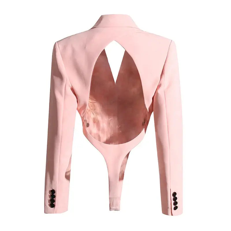 PREPOMP 2022 Autumn New Arrival Long Sleeve Turn Down Collar Hollow Out Backless Padded Shoulder Slim Pink Blazer Coat GH002