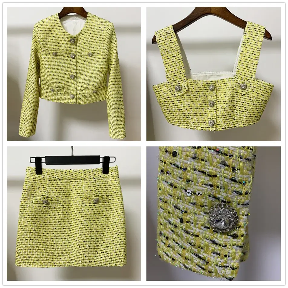 Free Shipping Yellow Sequined Tweed Women 3 piece Set Slim Jacket & Top & Skirt suit 2024 Winter Autumn Fashion Female Sets