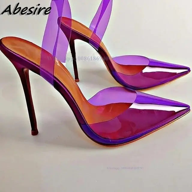 Abesire Clear Fuchsia Purple PVC High Heel Shoes Stiletto Heel Pointed Toe Transparent Wedding Pumps Designer Banquet Sandals