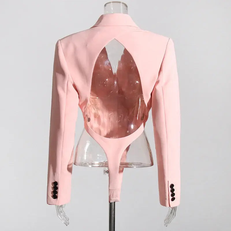 PREPOMP 2022 Autumn New Arrival Long Sleeve Turn Down Collar Hollow Out Backless Padded Shoulder Slim Pink Blazer Coat GH002