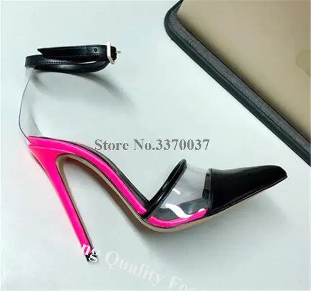 Linamong Newest Pointed Toe Patchwork PVC Stiletto Heel Pumps Mixed-colors Transparent Cut-out High Heels Sexy Dress Heels