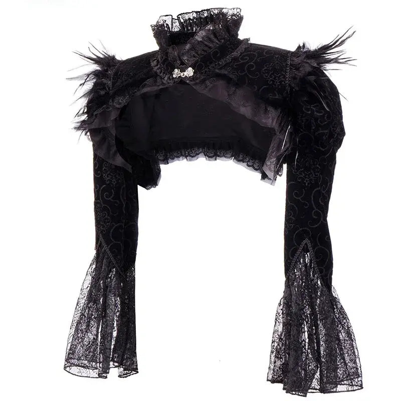 Black Victorian Gothic Bolero Women Jacket with Feathers Stand Collar Long Sleeve Lace and Corduroy Jackets Jaqueta Feminina