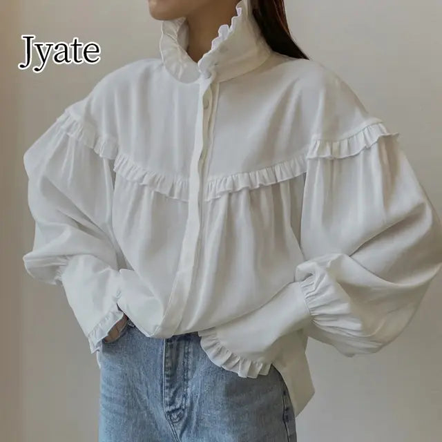 Jyate Fashion Woman Blouses 2024 Elegant Lapel Long Sleeve Office Lady Shirts Casual Loose White Pockets Tops Female Clothing