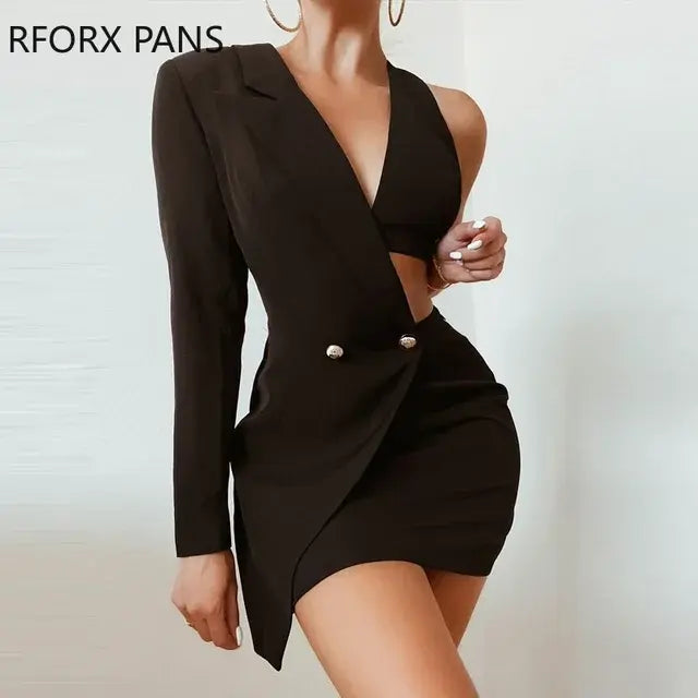 Women Solid One Shoulder Bodycon Midriff Party Blazer Dress