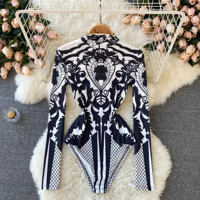 Women Bodysuit 2024 New Spring Fashion Diamonds Long Sleeve T-shirt Casual Streetwear Floral Print Sexy Skinny Bodycon Tops