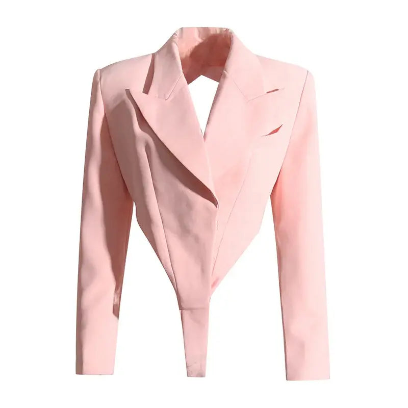 PREPOMP 2022 Autumn New Arrival Long Sleeve Turn Down Collar Hollow Out Backless Padded Shoulder Slim Pink Blazer Coat GH002