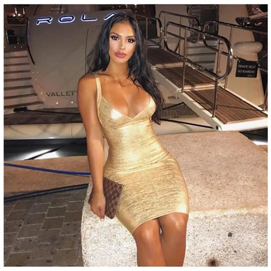 Women Summer Fashion Sexy V Neck Bronzing Silver Gold Dress 2024 Knitted Elastic Designer Evening Party Club Dress Female