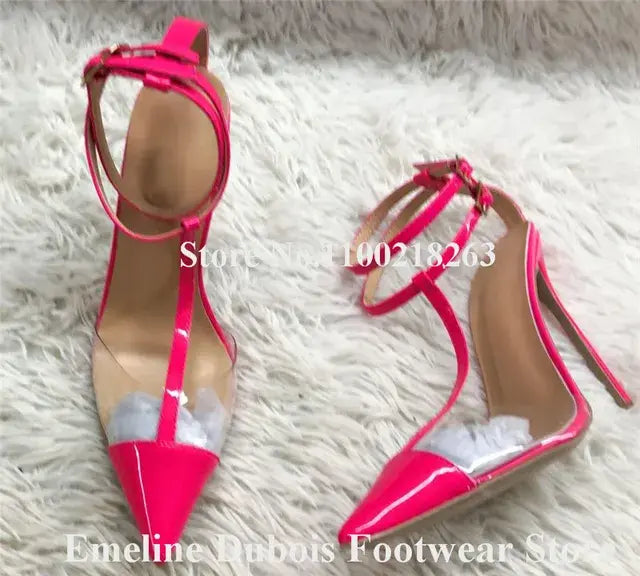 Wine Red PVC Pumps Pointed Toe Clear Transparent Patchwork Stiletto Heels Shoes Pink Green Ankle Straps 12cm High Heels