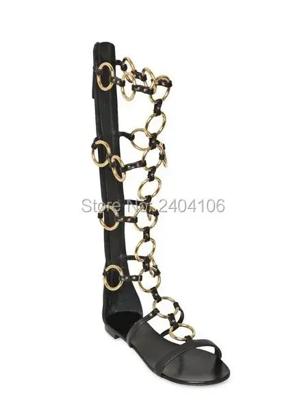 Botas Mujer Black Leather Knee High Booties Cut Outs Summer Boots Gold Metal Rings Studded Shoes Woman Gladiator Flat Sandals