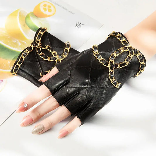 Womens Genuine Sheepskin Leather Fingerless Half-Finger Punk Driving Motorcycle Dress Gloves