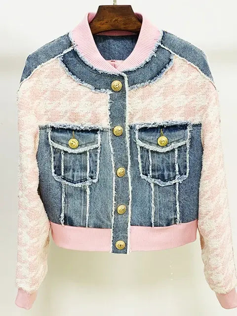 Newest 2024 Designer Suit Set Women's Lion Buttons Houndstooth Tweed Denim Patchwork Tassel Fringed Jacket Mini Skirt Set 2PCS