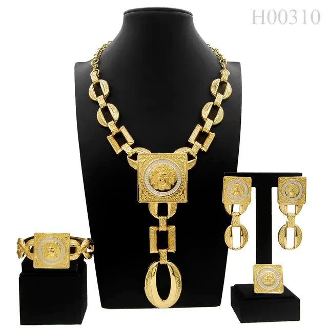 Hot Sale Fashion Woman Necklace Jewelry Set Face Shape Chain Pendant Design Big Earring Square Ring Gift Free Shipping