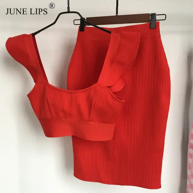 JUNE LIPS 2022 New Ladies Mini Skirt Sleeveless Ruffle Vest Tight Bandage Two-Piece Set High-End Women's Clothing Wholesale