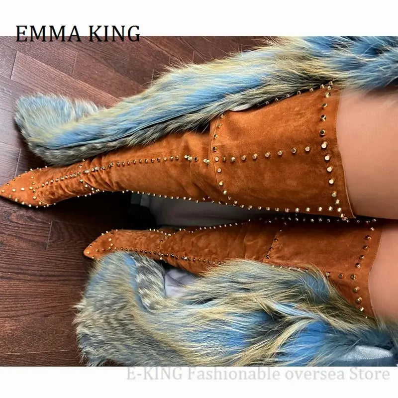 2021 Newest Women Studded Rivets Long Boots Brown Faux Suede Over the Knee Thigh High Boots Sexy Women Shoes Botas Altas Mujer