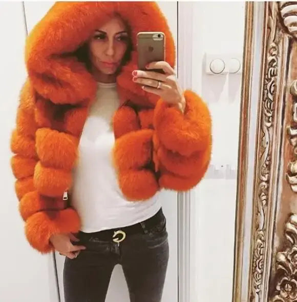 Women Lovely Pink hooded Fashion Jackets Real Big Fur Hooded Cropped Coats